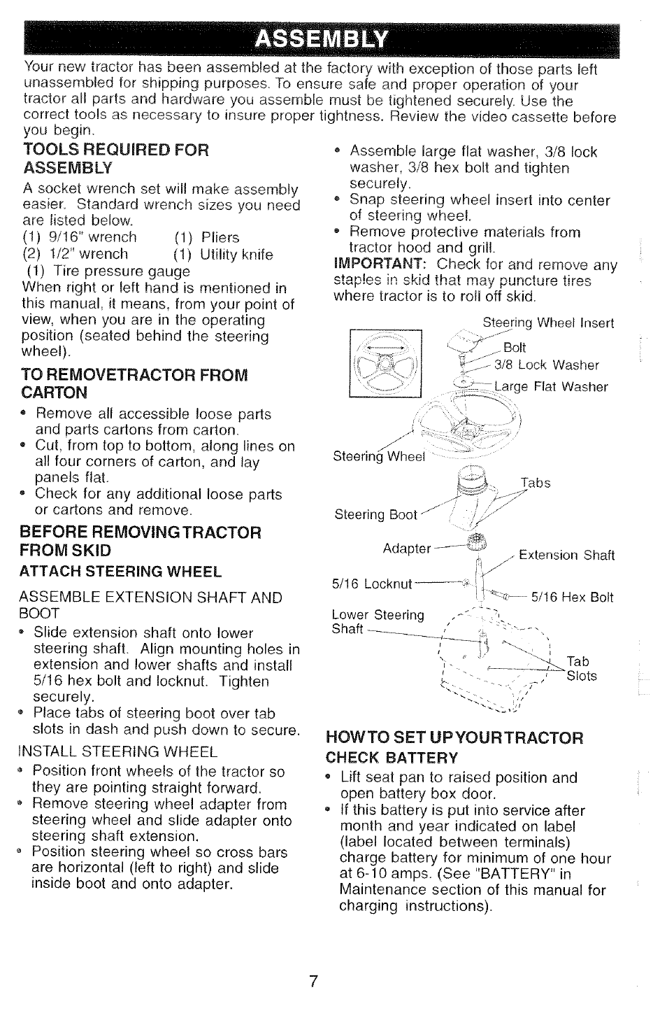 Assembly, Attach steering wheel, Check battery | Poulan 2000-11 User Manual | Page 7 / 48