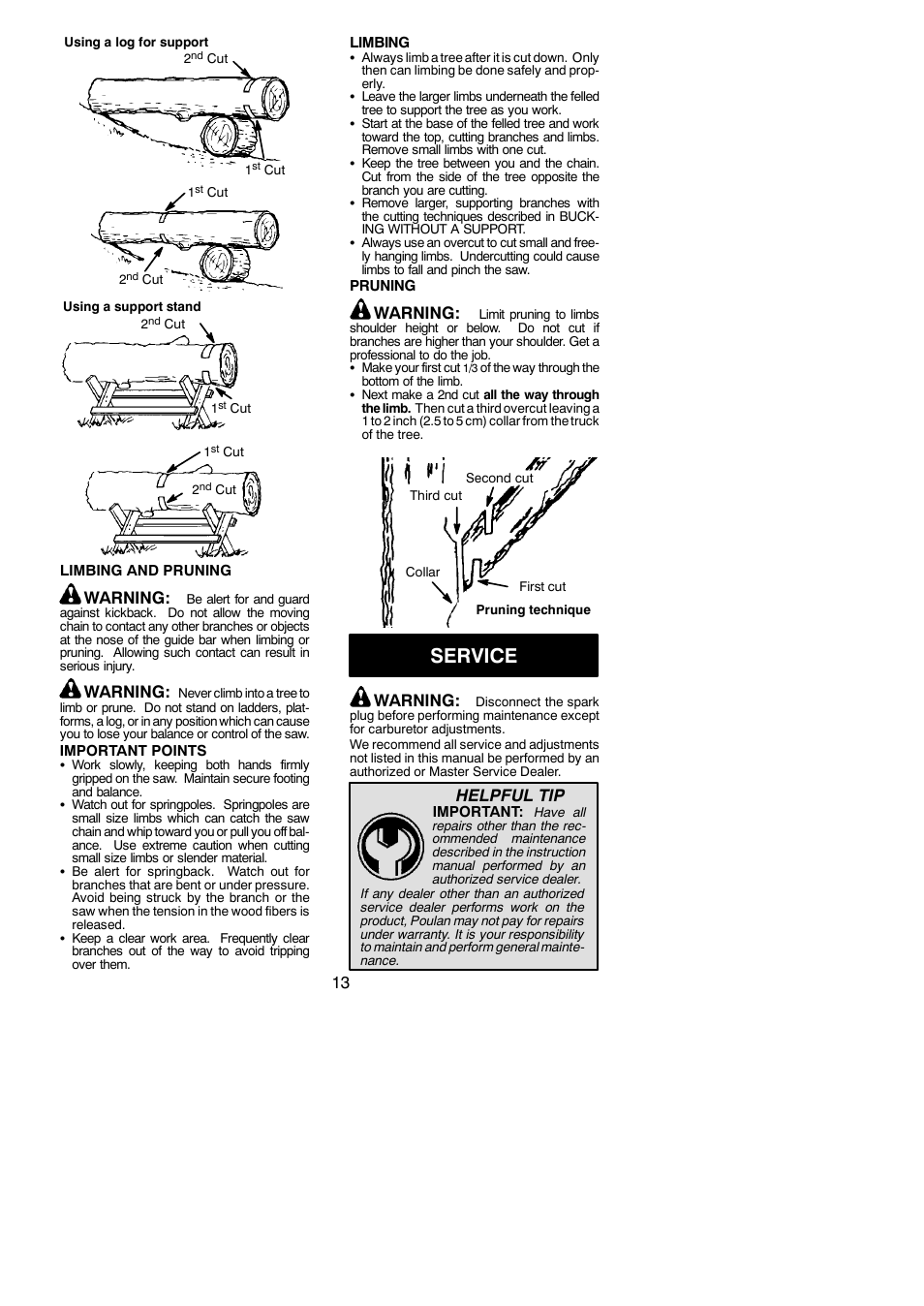 Service, Warning, Helpful tip | Poulan 2150PR  EN User Manual | Page 13 / 18