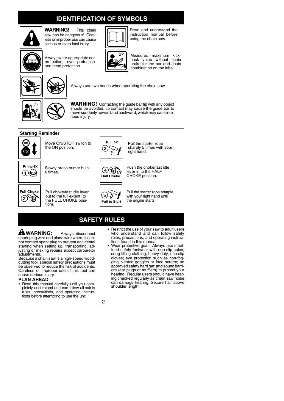 Identification of symbols, Safety rules, Warning | Poulan 2150PR  EN User Manual | Page 2 / 18