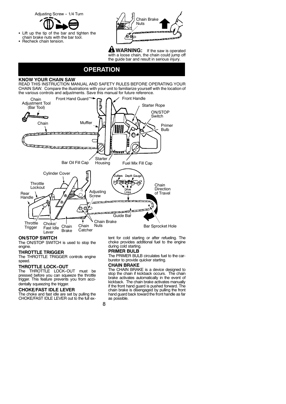 Operation, Warning | Poulan 2150PR  EN User Manual | Page 8 / 18