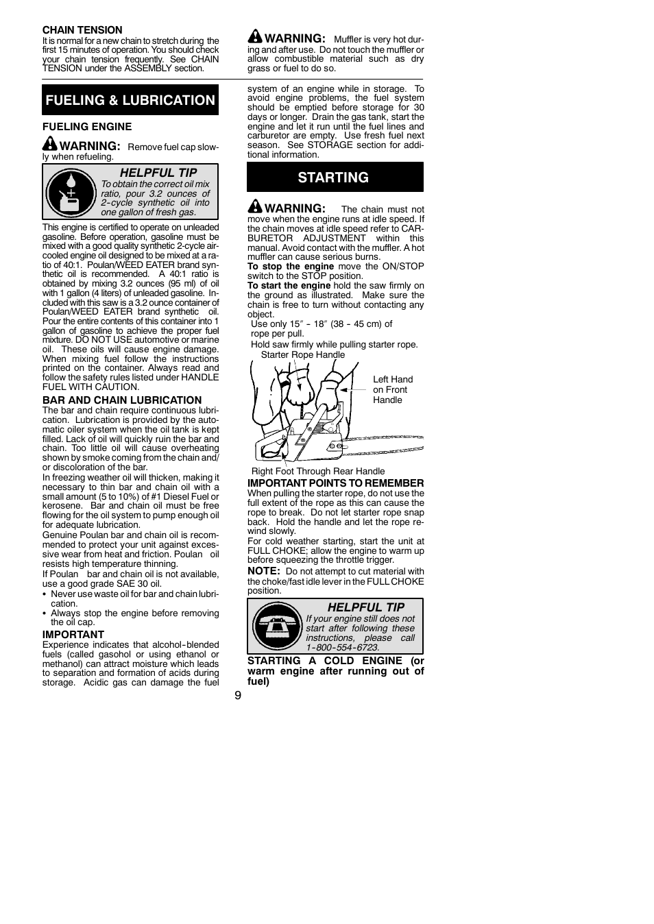 Starting, Fueling & lubrication, Warning | Helpful tip | Poulan 2150PR  EN User Manual | Page 9 / 18