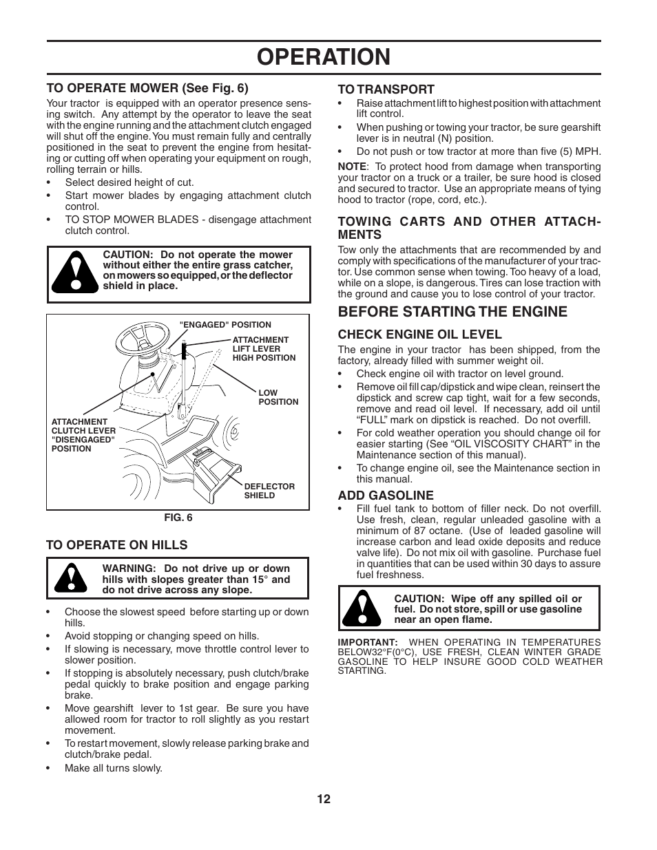 Operation, Before starting the engine | Poulan 188870 User Manual | Page 12 / 44