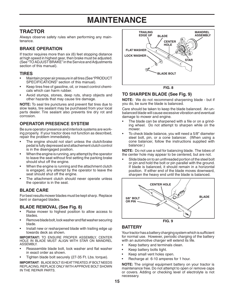 Maintenance, Tractor | Poulan 188870 User Manual | Page 15 / 44