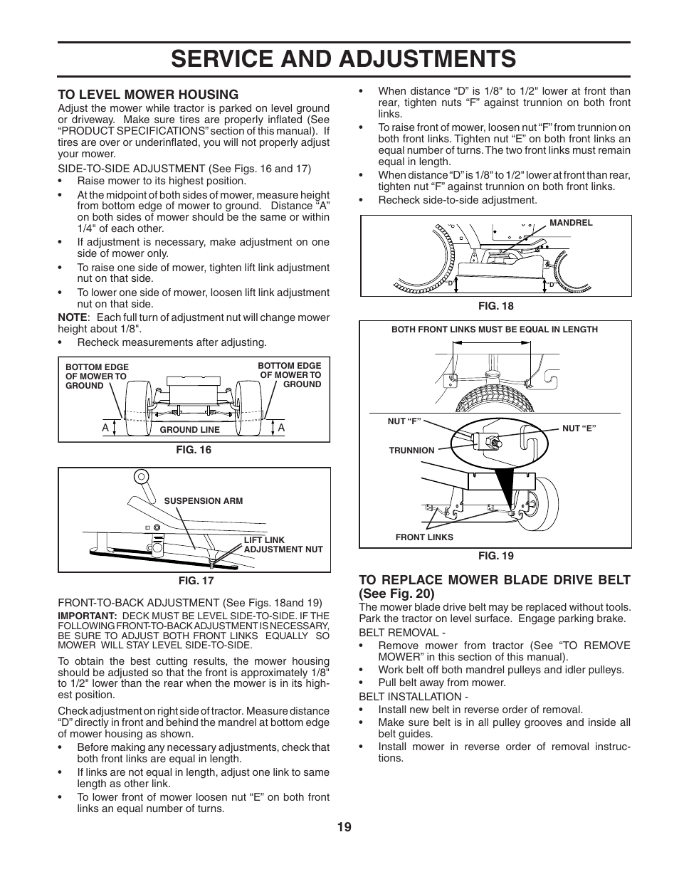 Service and adjustments, 19 to replace mower blade drive belt (see fig. 20) | Poulan 188870 User Manual | Page 19 / 44