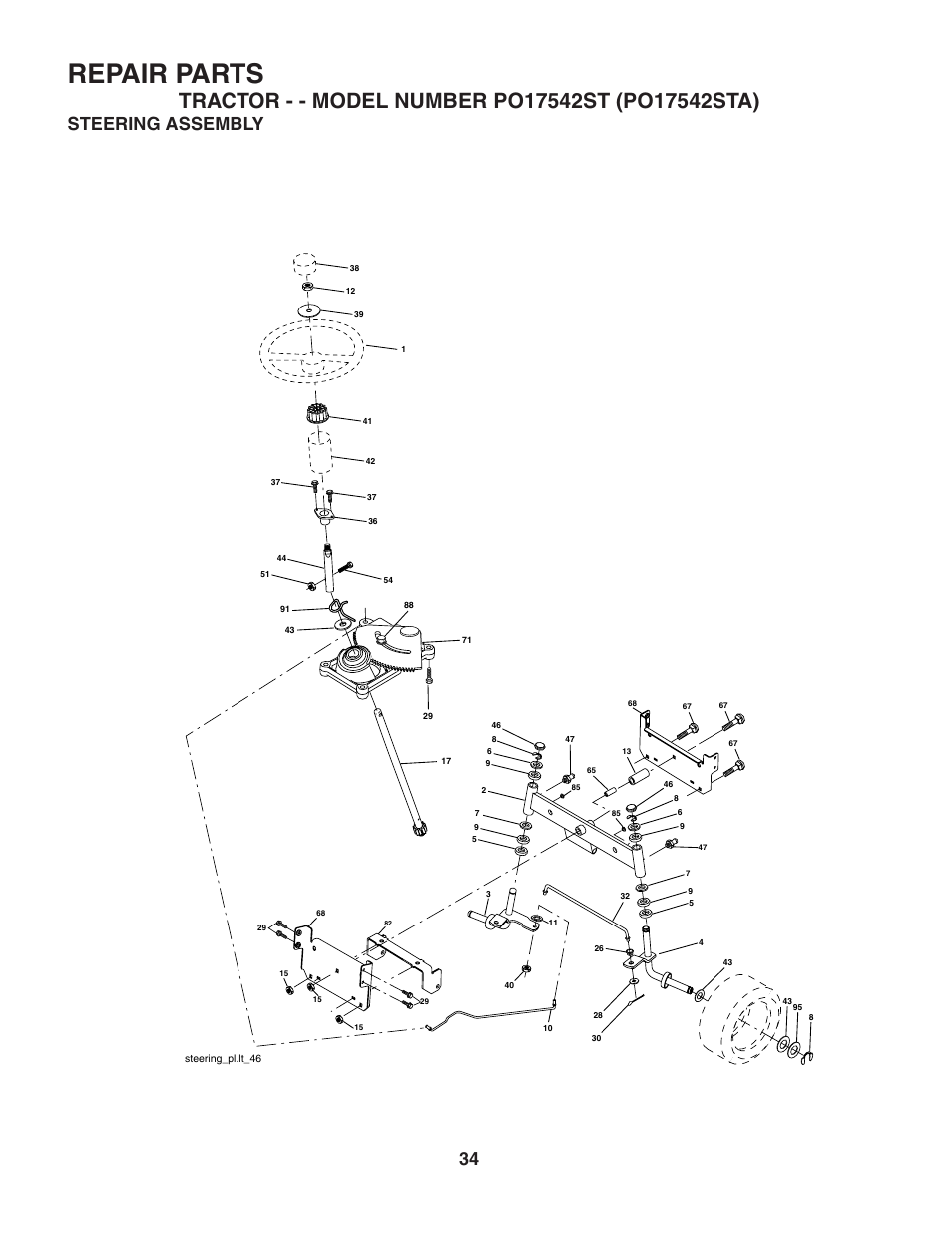 Repair parts, Steering assembly | Poulan 188870 User Manual | Page 34 / 44