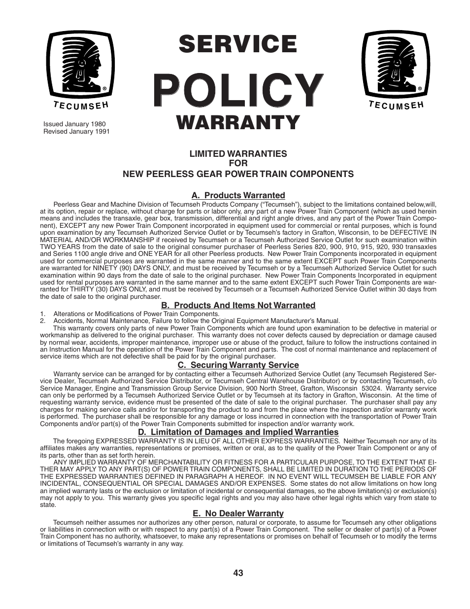 Policy, Service, Warranty | Poulan 188870 User Manual | Page 43 / 44