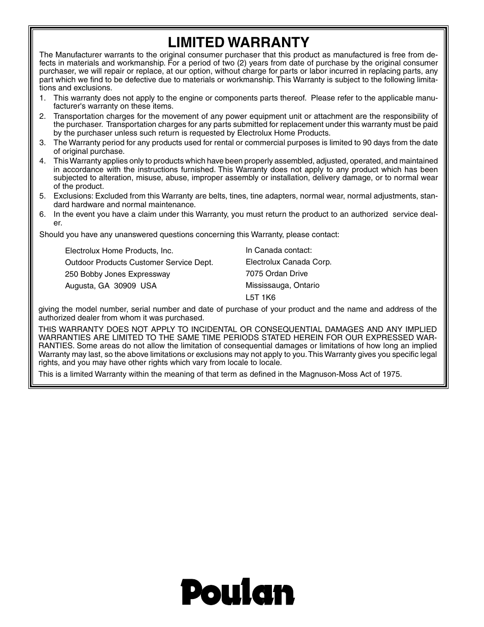 Limited warranty | Poulan HDR500M User Manual | Page 21 / 21