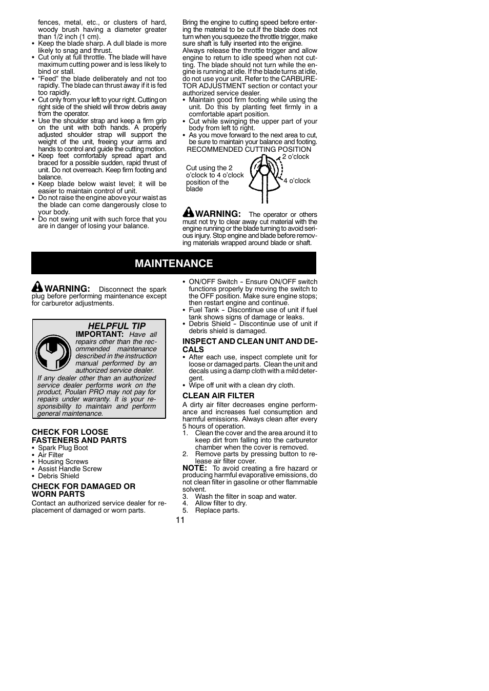 Maintenance, Warning, Helpful tip | Poulan 545117592 User Manual | Page 11 / 16