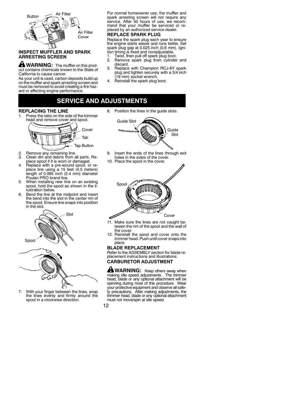 Service and adjustments, Warning | Poulan 545117592 User Manual | Page 12 / 16