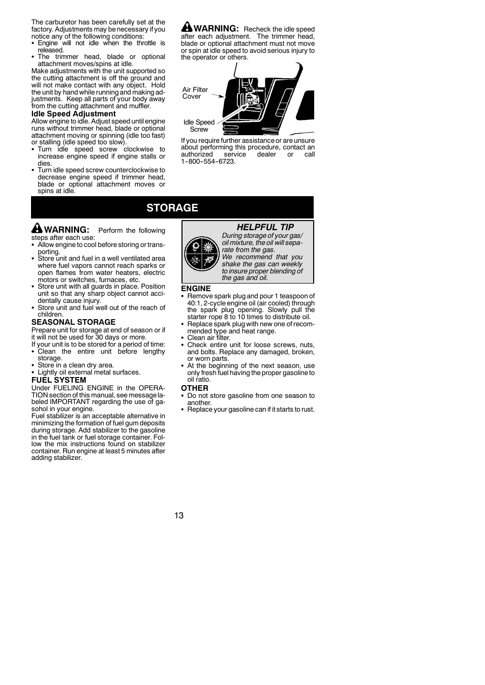 Storage, Warning, Helpful tip | Poulan 545117592 User Manual | Page 13 / 16