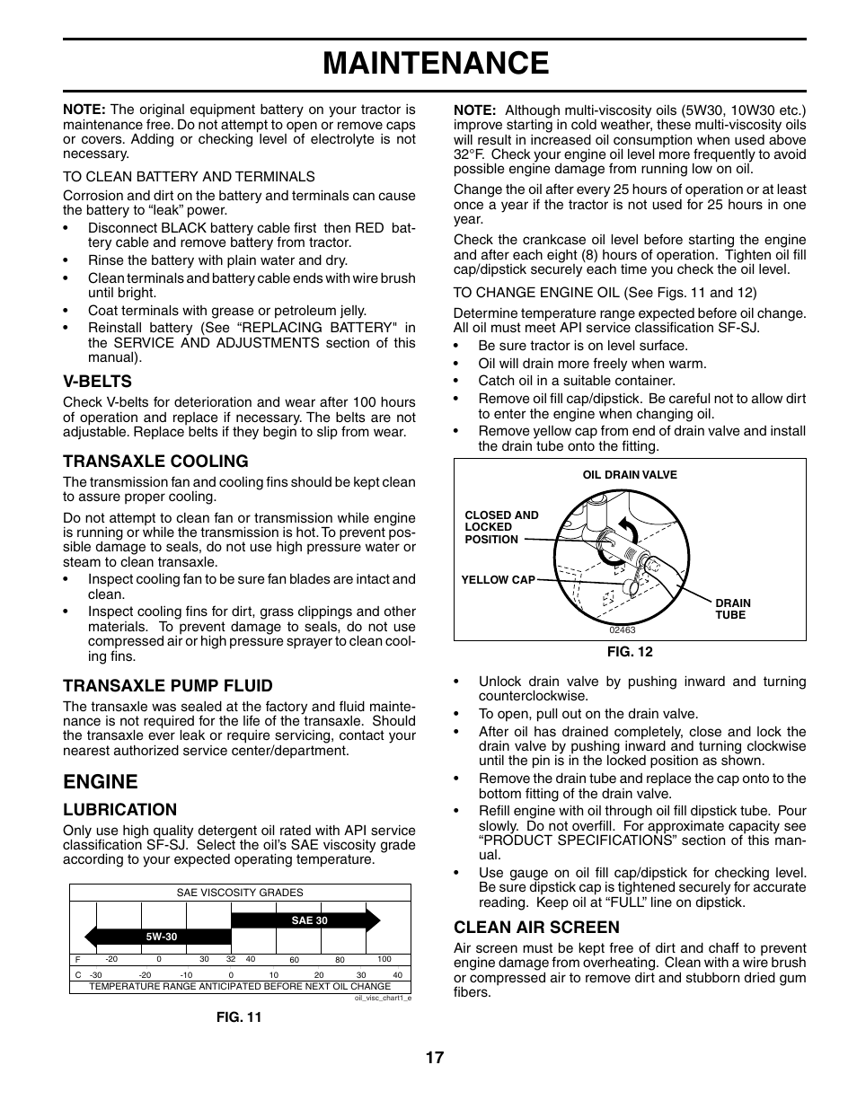Maintenance, Engine, V-belts | Transaxle cooling, Transaxle pump fluid, Lubrication, Clean air screen | Poulan 187301 User Manual | Page 17 / 44