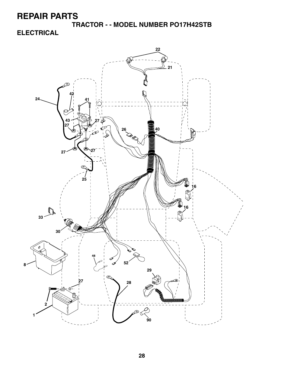 Repair parts, Tractor - - model number po17h42stb electrical | Poulan 187301 User Manual | Page 28 / 44