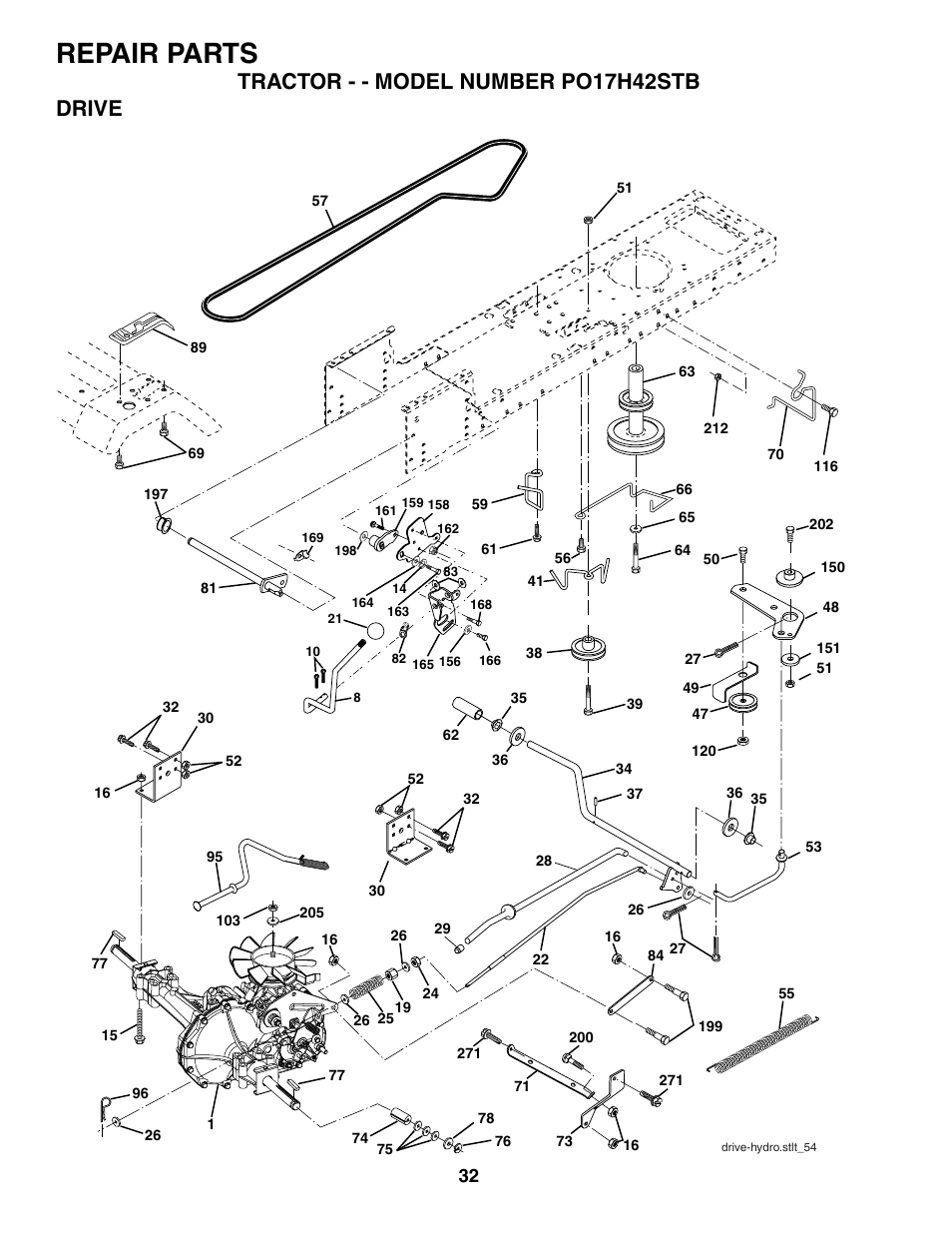 Repair parts, Tractor - - model number po17h42stb drive | Poulan 187301 User Manual | Page 32 / 44