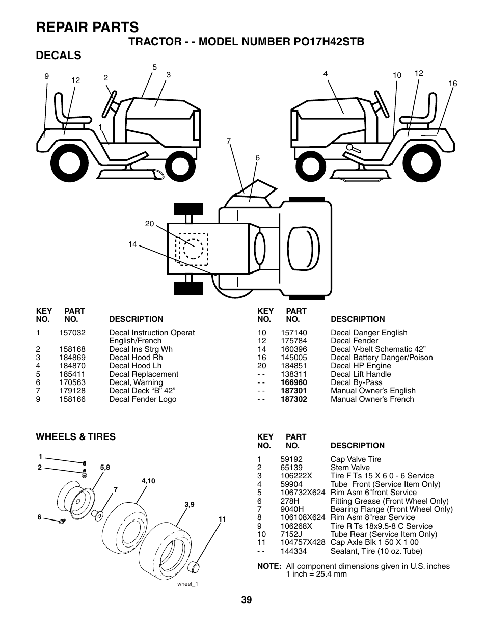 Repair parts, Tractor - - model number po17h42stb decals | Poulan 187301 User Manual | Page 39 / 44