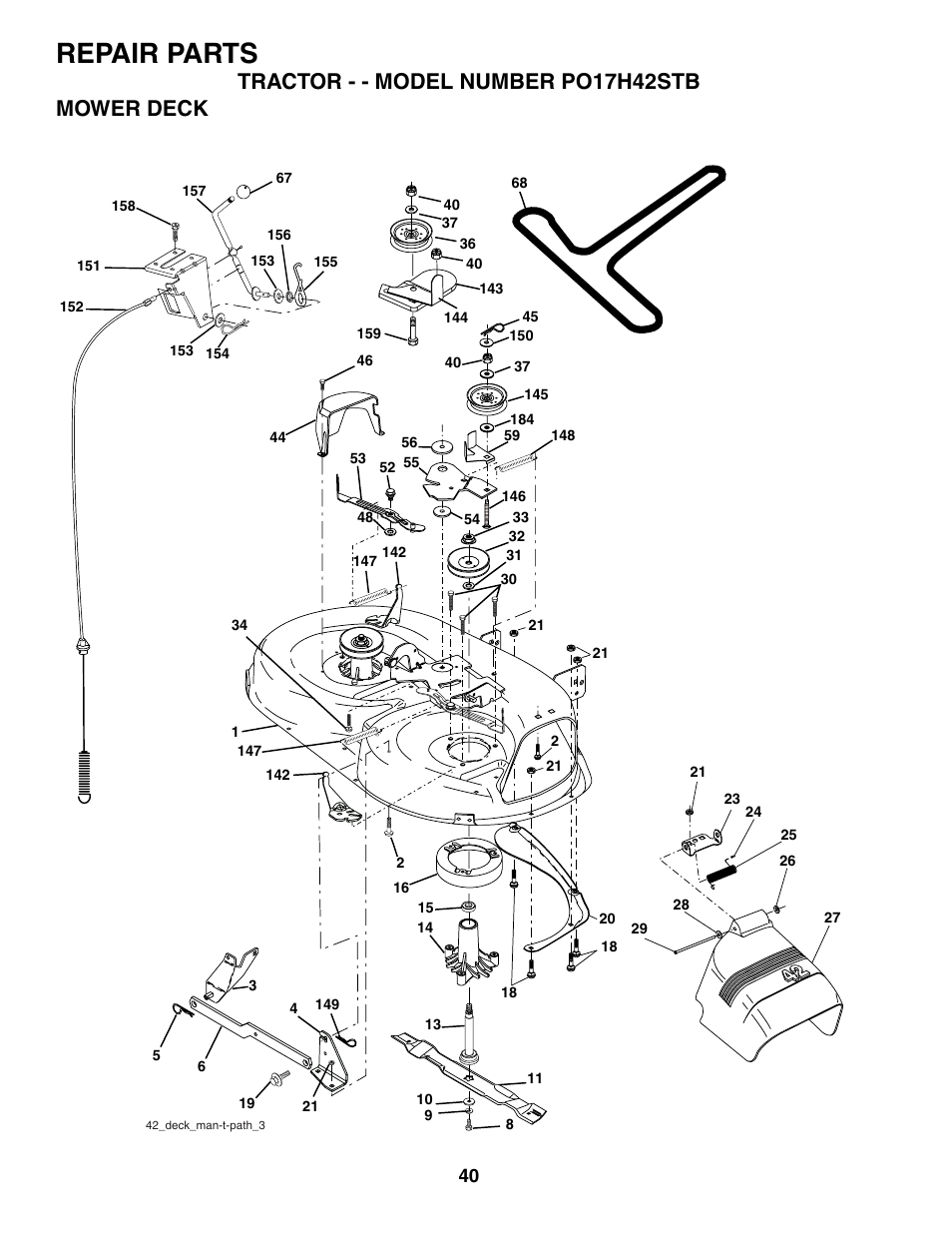 Repair parts, Tractor - - model number po17h42stb mower deck | Poulan 187301 User Manual | Page 40 / 44