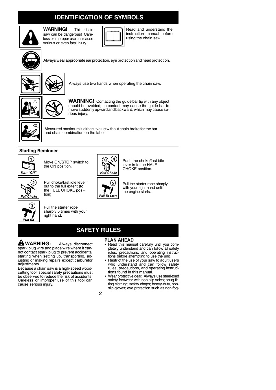 Identification of symbols, Safety rules, Warning | Poulan PP4620AV User Manual | Page 2 / 20