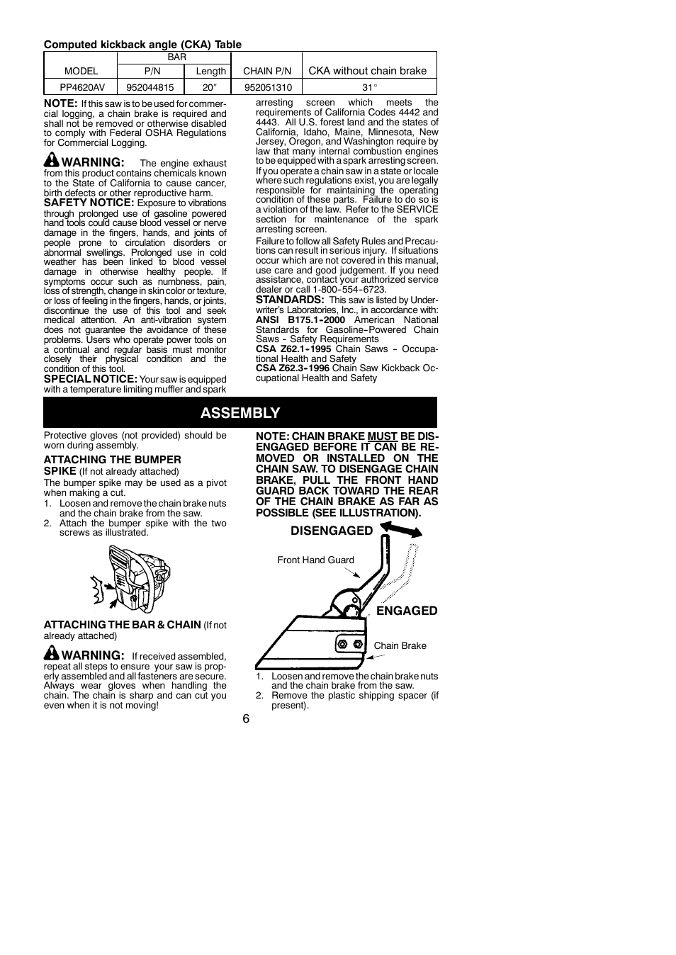 Assembly, Warning, Disengaged engaged | Poulan PP4620AV User Manual | Page 6 / 20