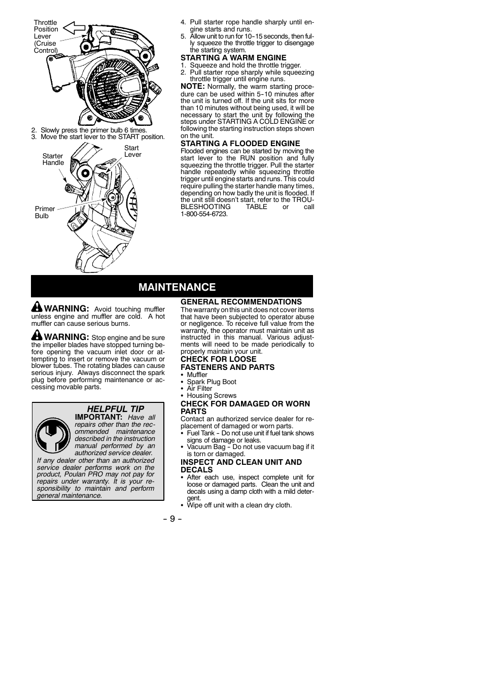 Maintenance, Warning, Helpful tip | Poulan 115351327 User Manual | Page 9 / 14