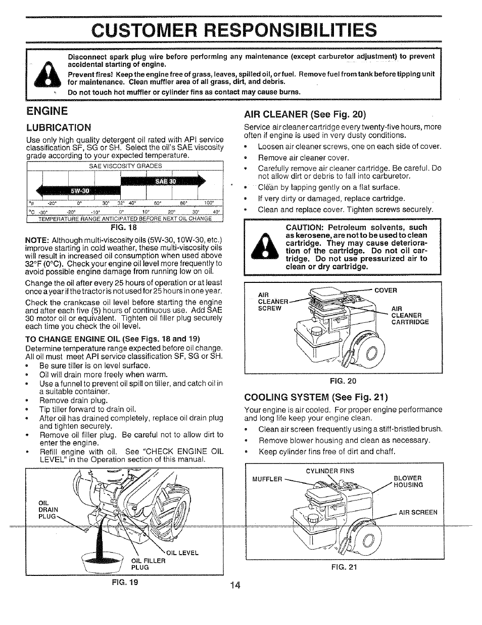 Customer responsibilities, Engine, Lubrication | Air cleaner (see fig. 20), Cooling system (see fig. 21), B5bi | Poulan 156335 User Manual | Page 14 / 28