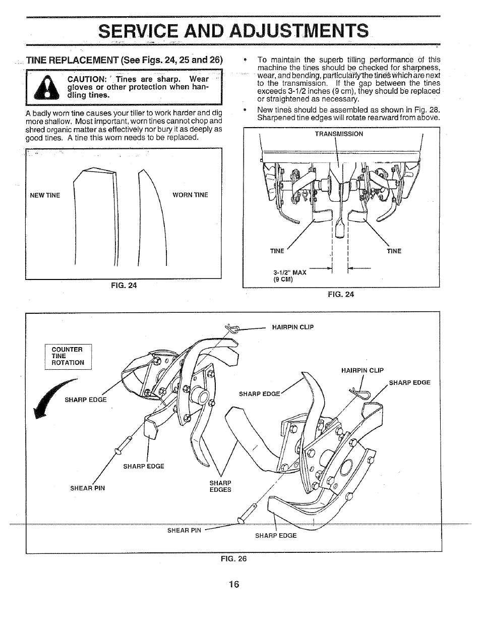 Tine replacement (see figs. 24,25 and 26), Service and adjustments | Poulan 156335 User Manual | Page 16 / 28