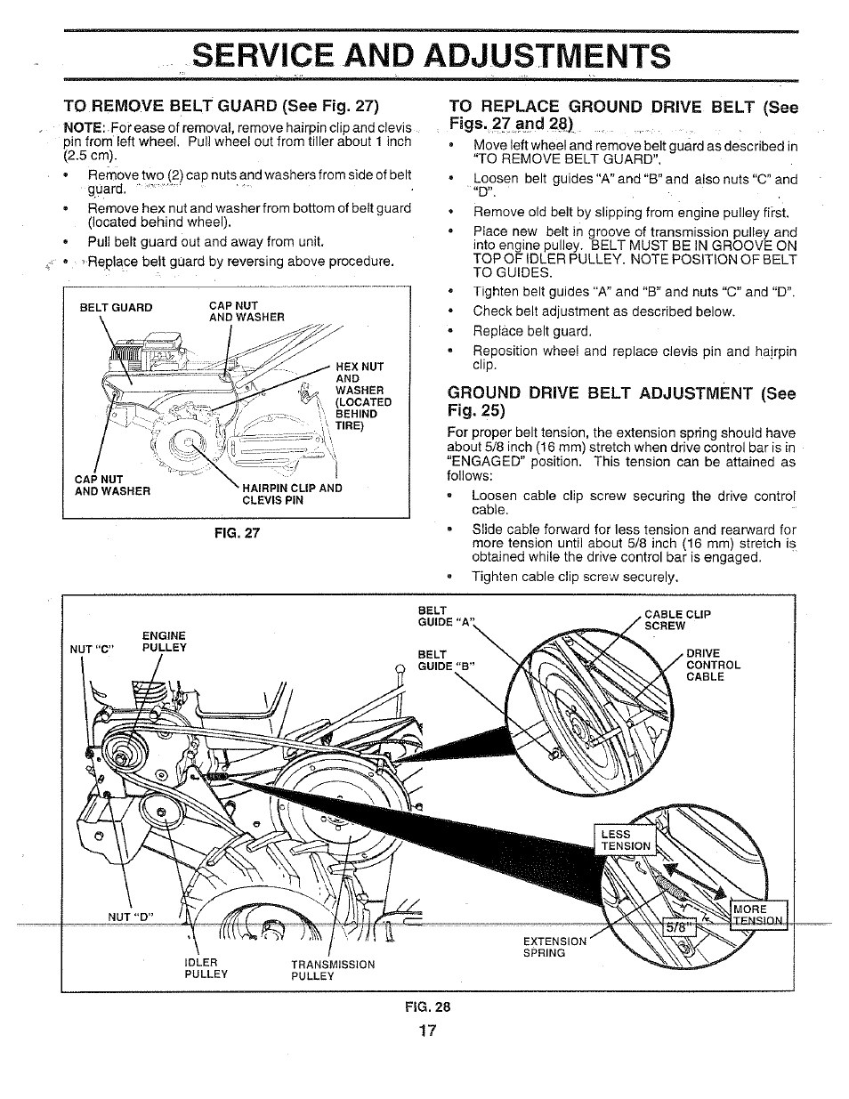 To remove belt guard (see fig. 27), To replace ground drive belt (see figs. 27 and 28, Ground drive belt adjustment (see fig. 25) | Service amd adjustments | Poulan 156335 User Manual | Page 17 / 28