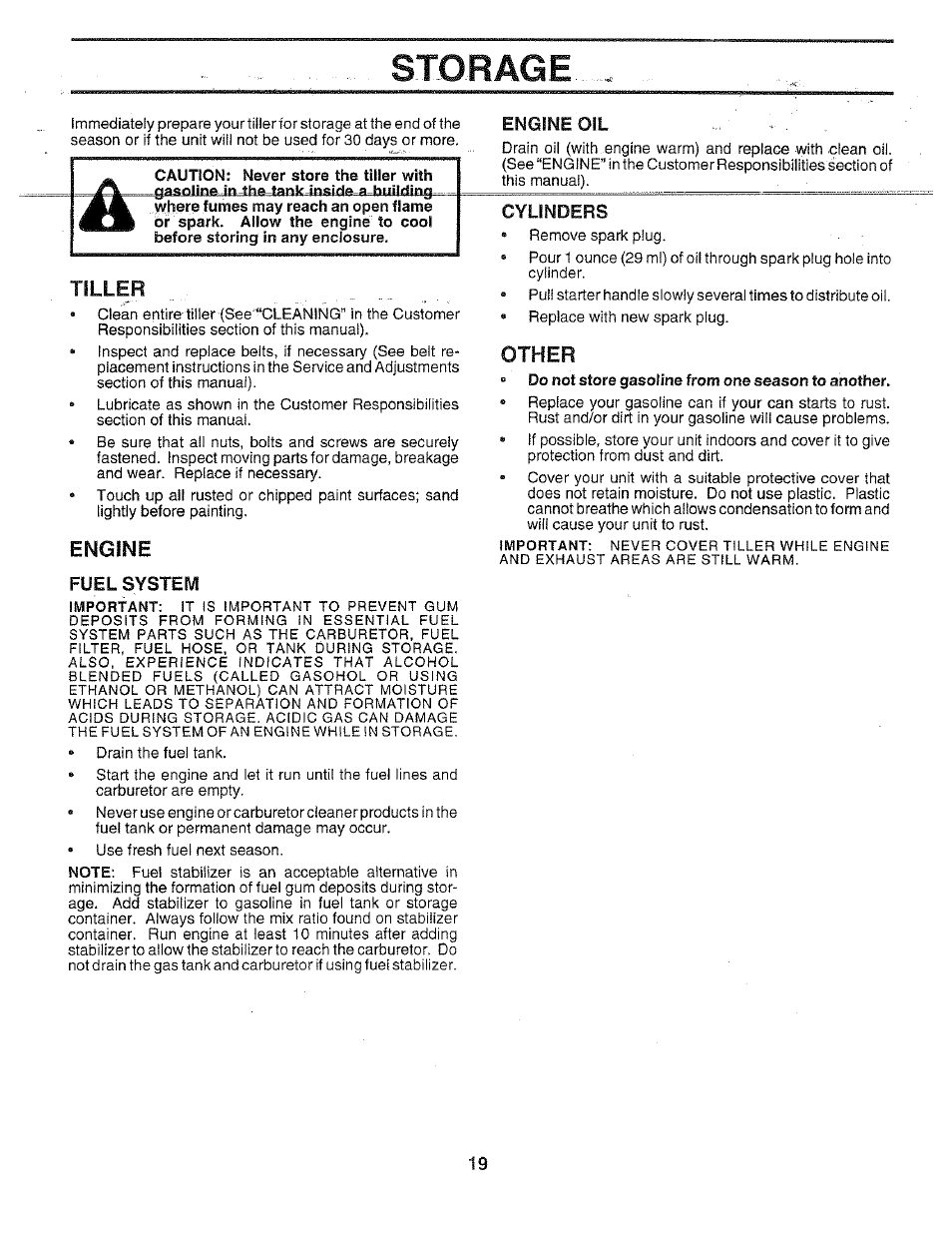 Engine oil, Tiller, Engine | Fuel system, Other, Sxo-r ag e, Cylinders | Poulan 156335 User Manual | Page 19 / 28