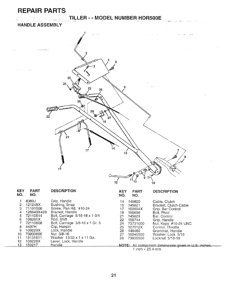 Handle assembly, Repair parts, Tiller - » f\^odel number hdr500e | Poulan 156335 User Manual | Page 21 / 28