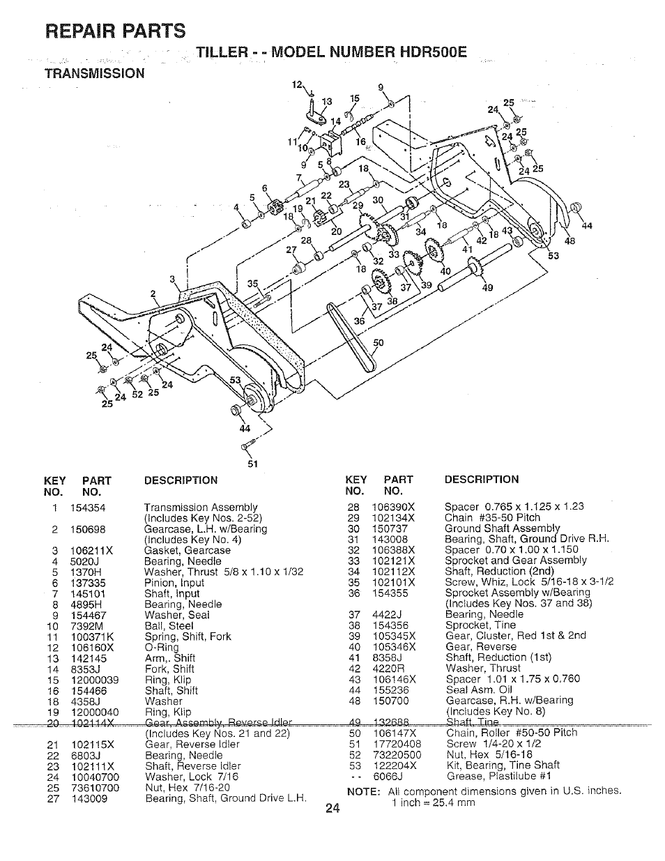 Tramsmission, Repair parts, Tiller.- " model number hdr500e | Poulan 156335 User Manual | Page 24 / 28