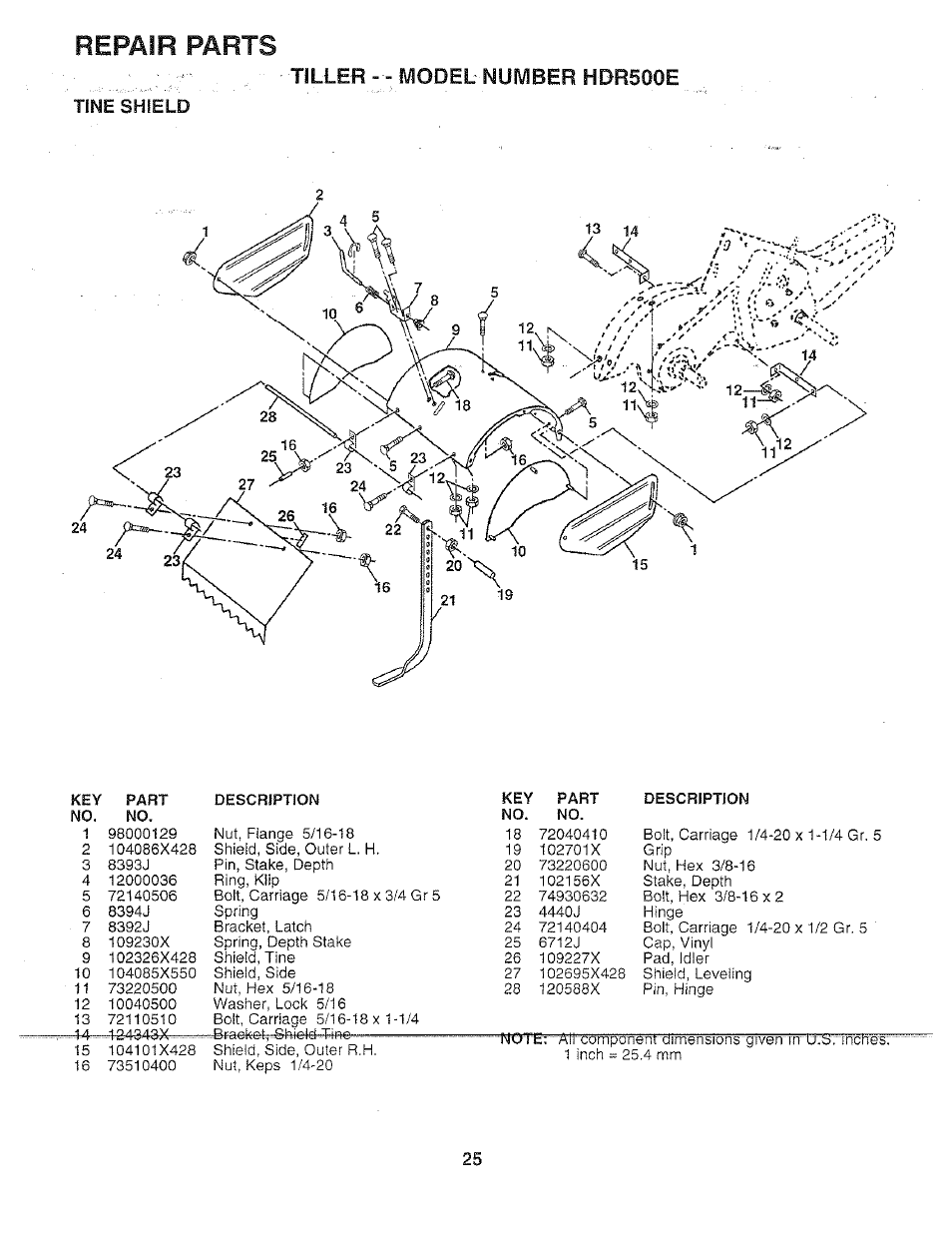 Repair parts, Tiller - - f\^odel number hdr500e, Tine shield | Poulan 156335 User Manual | Page 25 / 28