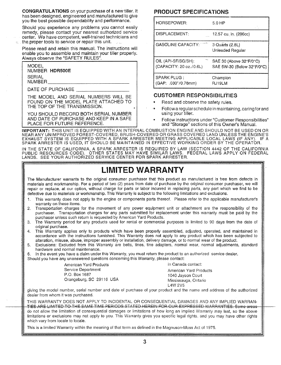 Product specifications, Customer responsibilities, Limited warranty | Poulan 156335 User Manual | Page 3 / 28