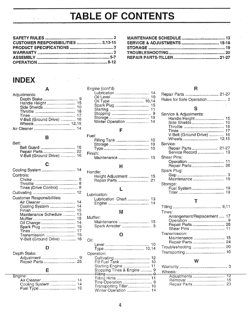 Table of. contents, Index | Poulan 156335 User Manual | Page 4 / 28