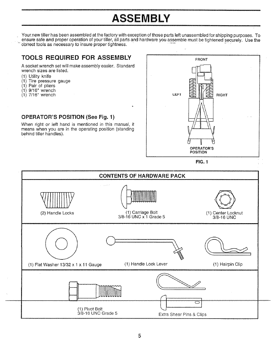 Tools required for assembly, Operator’s position (see fig. 1), Assembly | Poulan 156335 User Manual | Page 5 / 28
