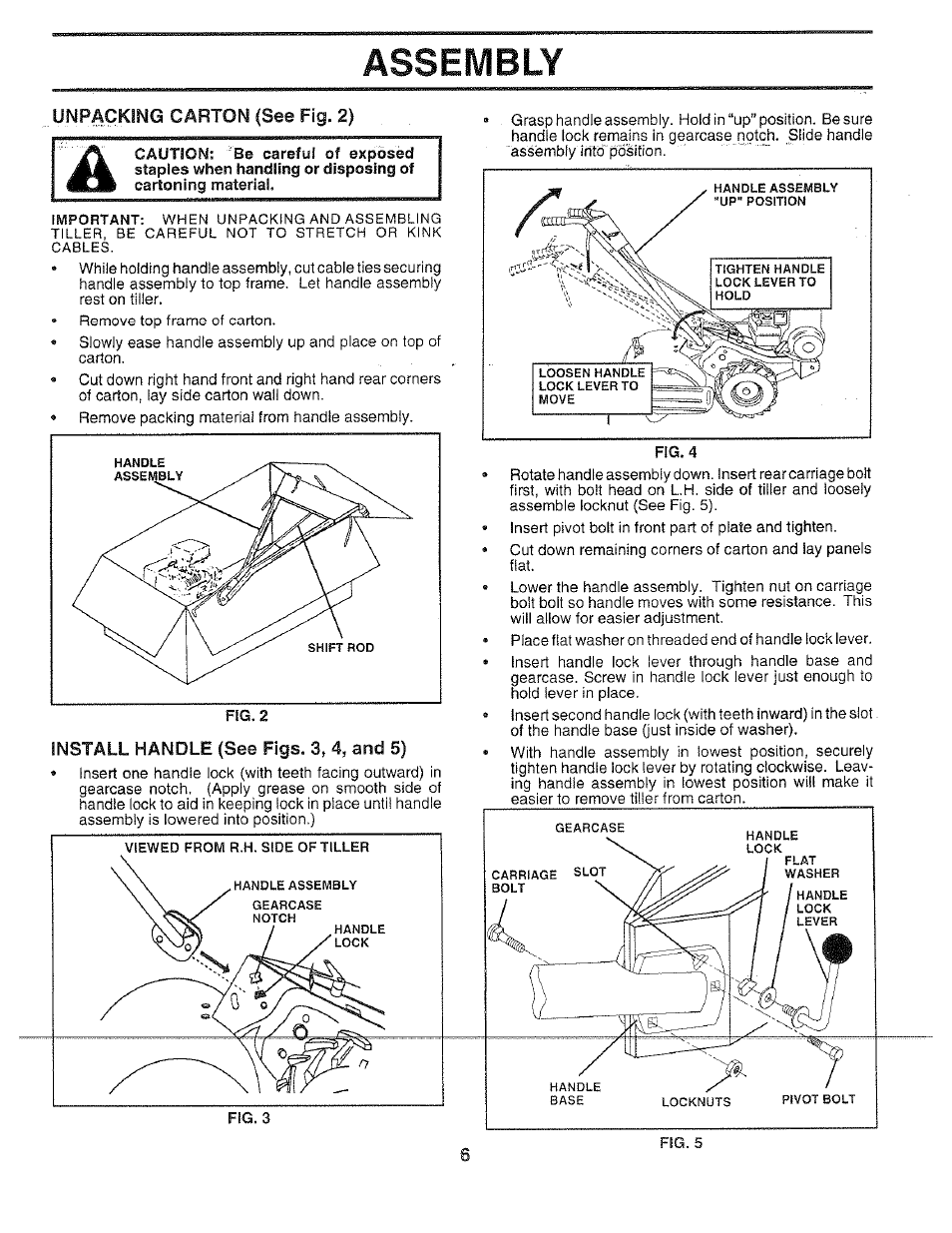 Assembly, Unpacking carton (see fig. 2), Install handle (see figs. 3, 4, and 5) | Poulan 156335 User Manual | Page 6 / 28