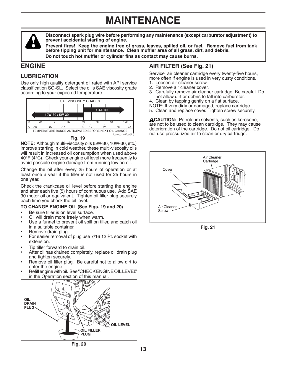 Maintenance, Engine, Lubrication | Air filter (see fig. 21) | Poulan 433154 User Manual | Page 13 / 22
