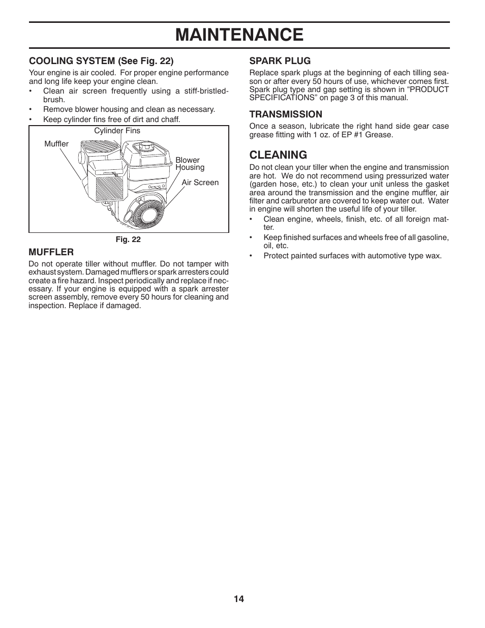 Maintenance, Cleaning | Poulan 433154 User Manual | Page 14 / 22