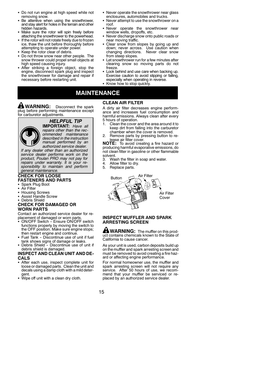 Maintenance, Warning, Helpful tip | Poulan PP336 User Manual | Page 15 / 20