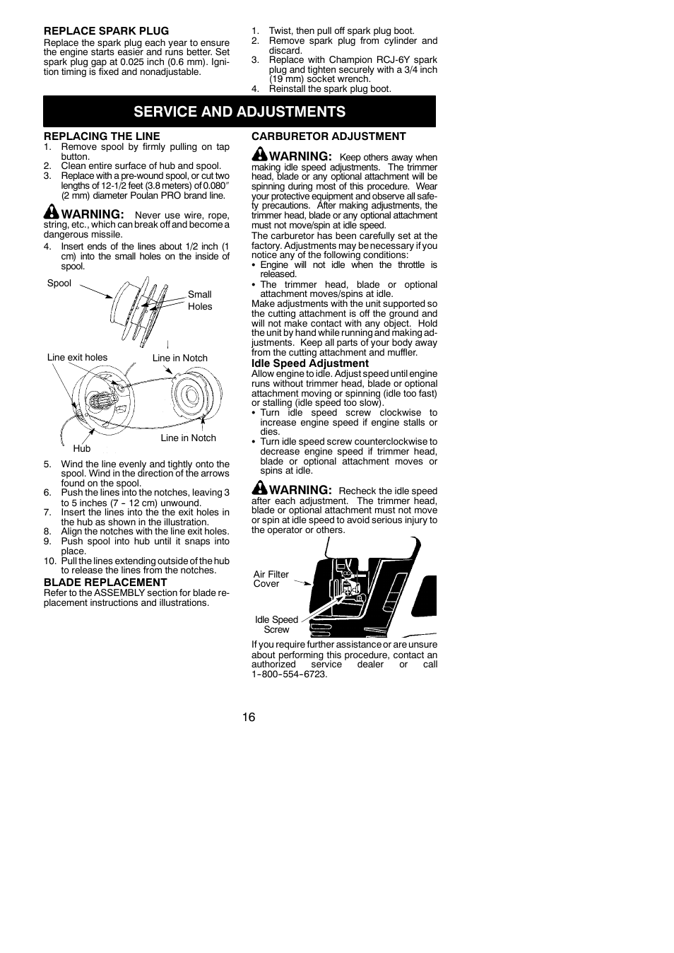 Service and adjustments, Warning | Poulan PP336 User Manual | Page 16 / 20