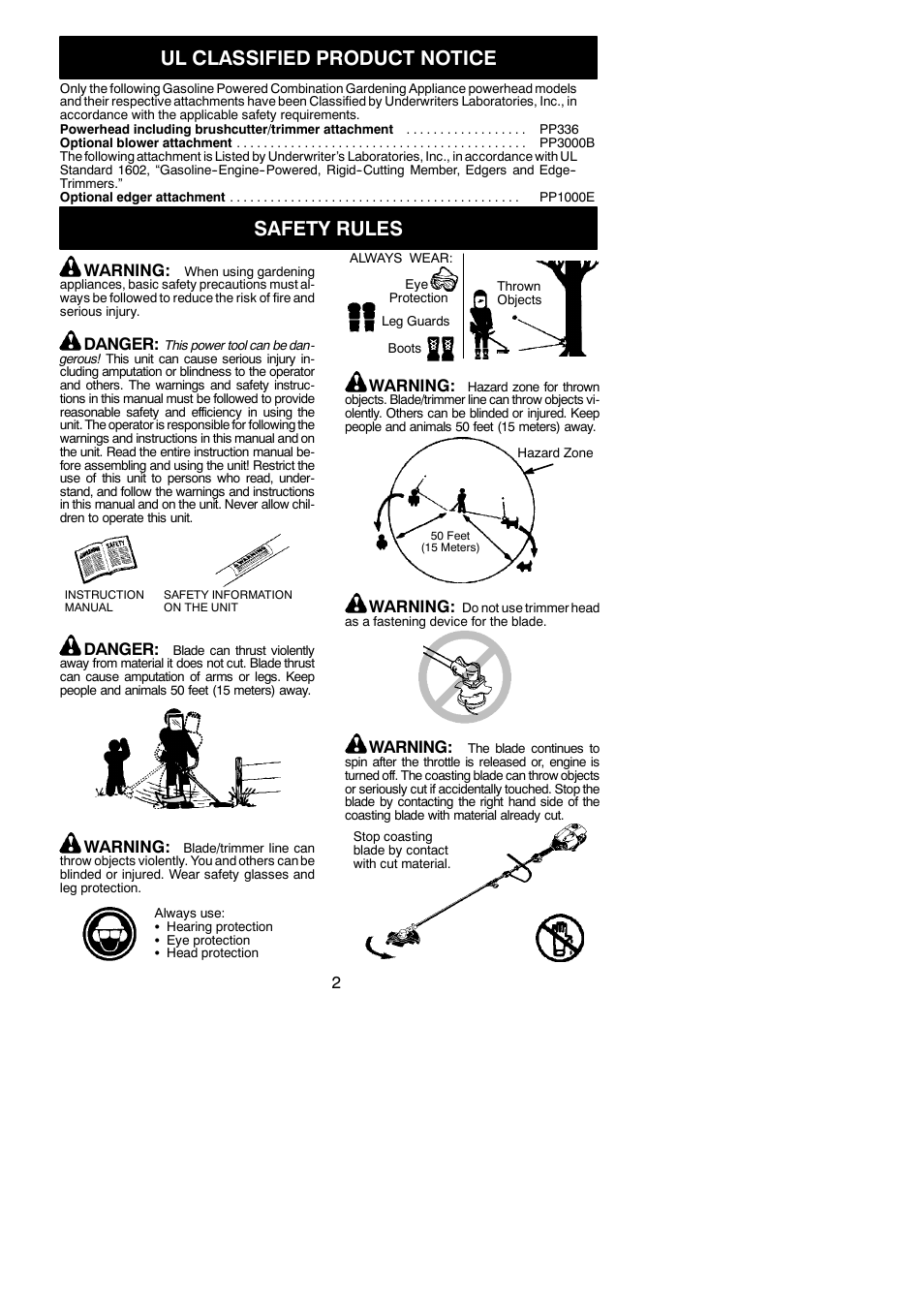 Ul classified product notice, Safety rules, Warning | Danger | Poulan PP336 User Manual | Page 2 / 20