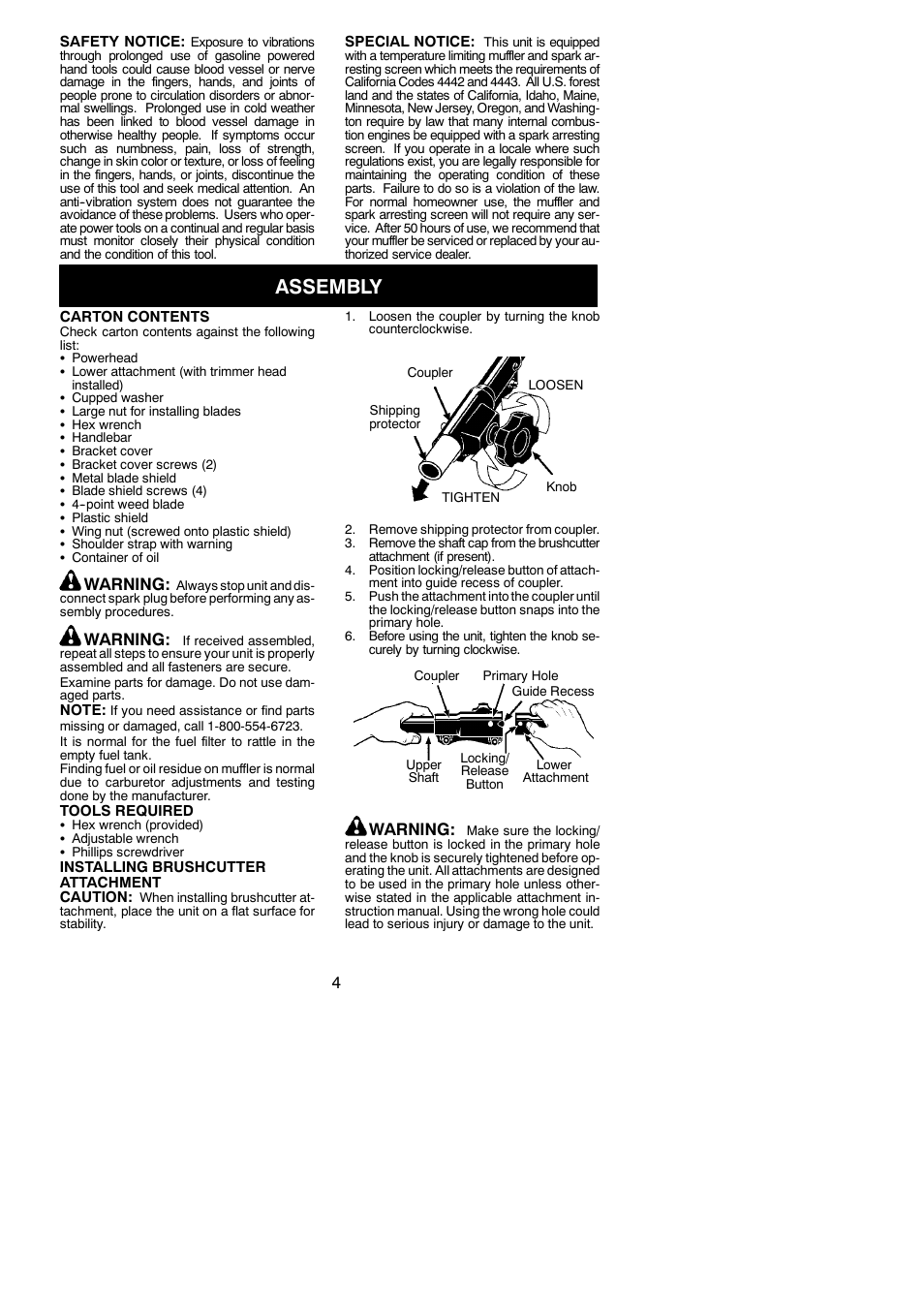 Assembly, Warning | Poulan PP336 User Manual | Page 4 / 20