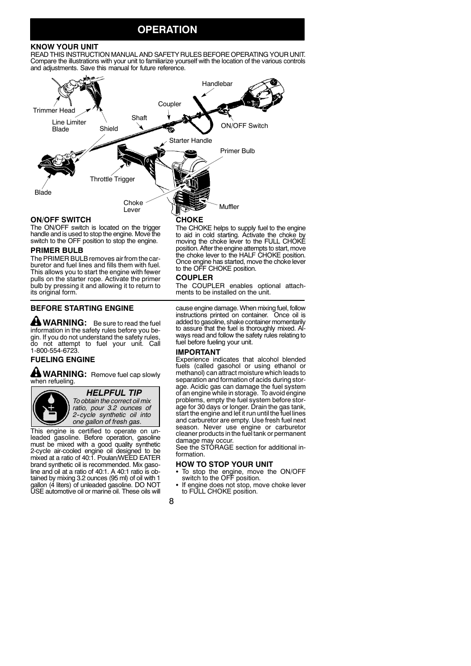 Operation, Warning, Helpful tip | Poulan PP336 User Manual | Page 8 / 20
