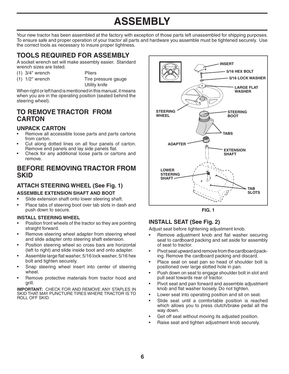 Assembly, Tools required for assembly, Before removing tractor from skid | Poulan 403444 User Manual | Page 6 / 30