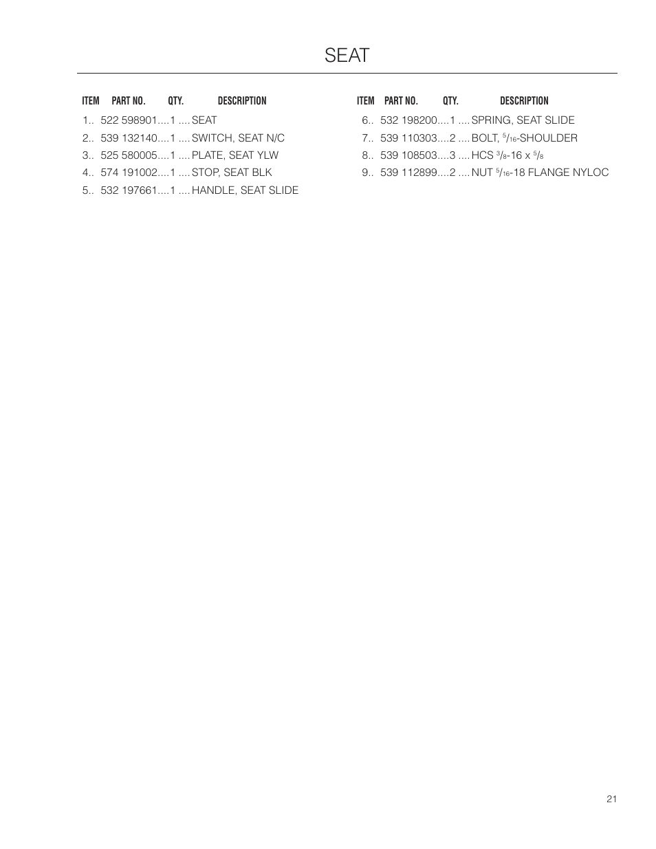 Seat | Poulan 301ZX User Manual | Page 21 / 24