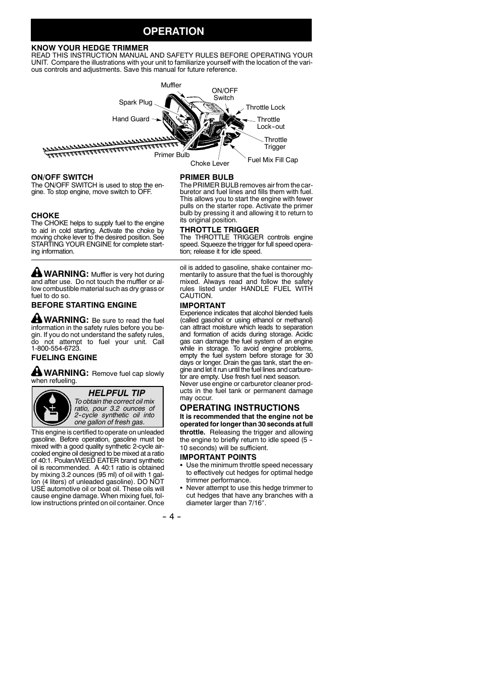 Operation, Warning, Helpful tip | Operating instructions | Poulan GHT195 User Manual | Page 4 / 11