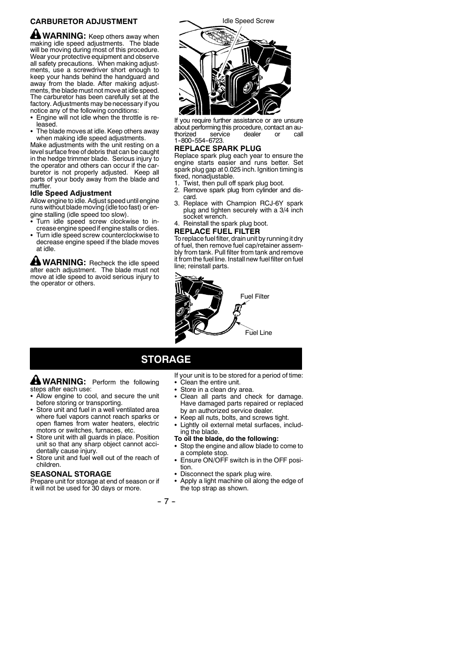 Storage, Warning | Poulan GHT195 User Manual | Page 7 / 11