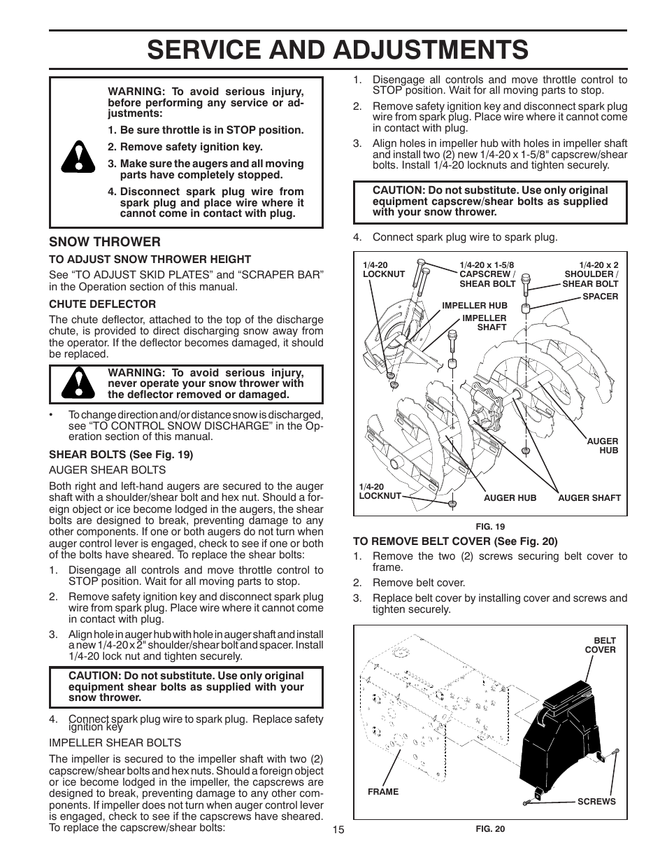 Service and adjustments, Snow thrower | Poulan 422083 User Manual | Page 15 / 40
