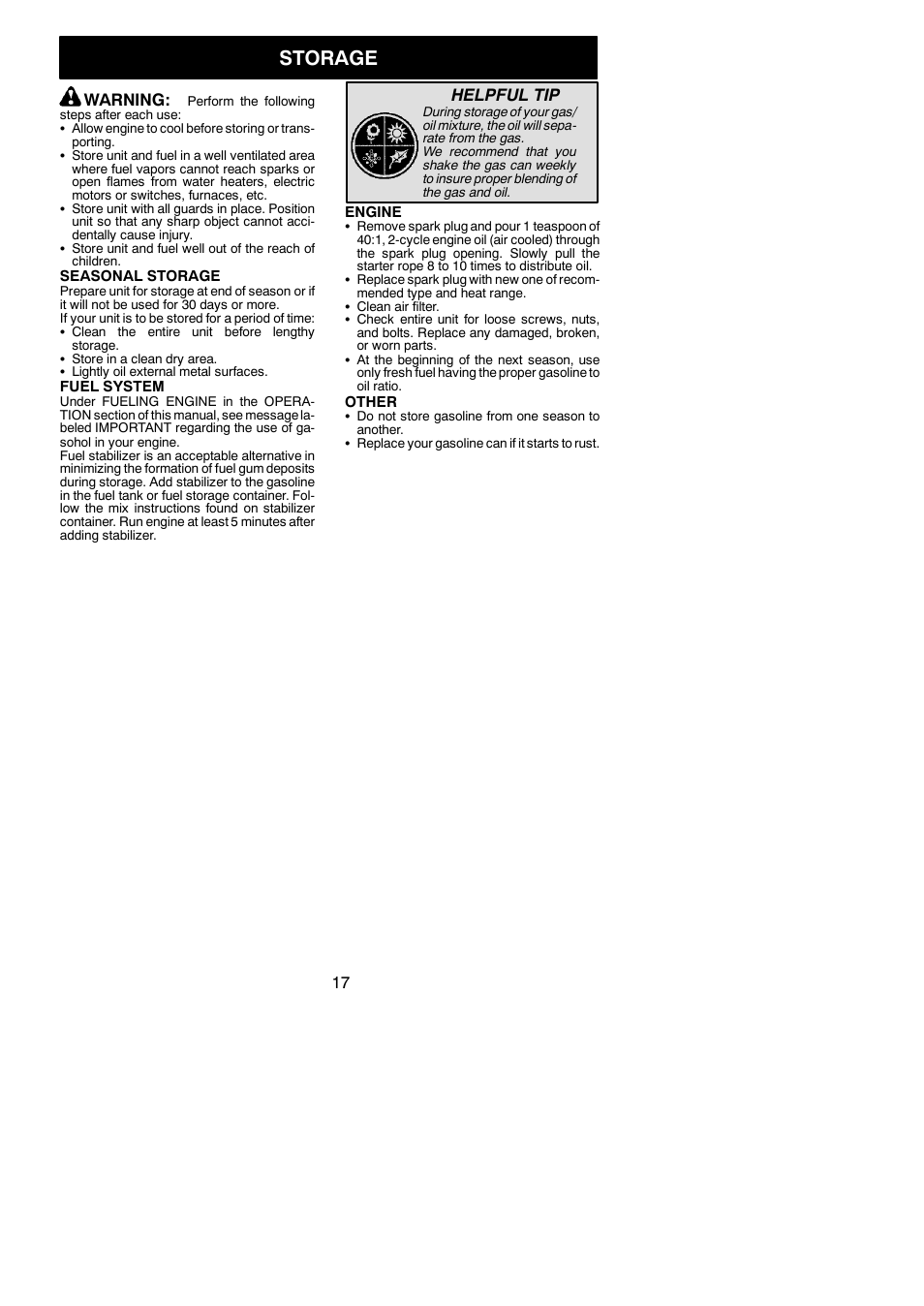 Storage, Warning, Helpful tip | Poulan PP325 User Manual | Page 17 / 20
