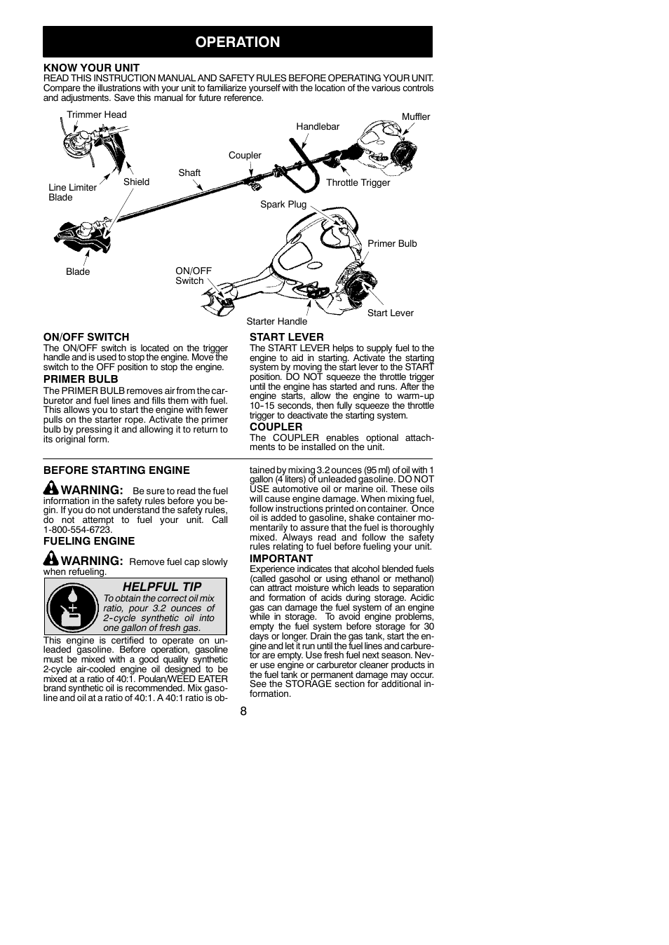 Operation, Warning, Helpful tip | Poulan PP325 User Manual | Page 8 / 20