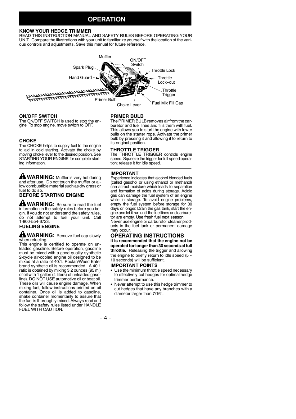 Operation, Warning, Operating instructions | Poulan GHT 225 User Manual | Page 4 / 10