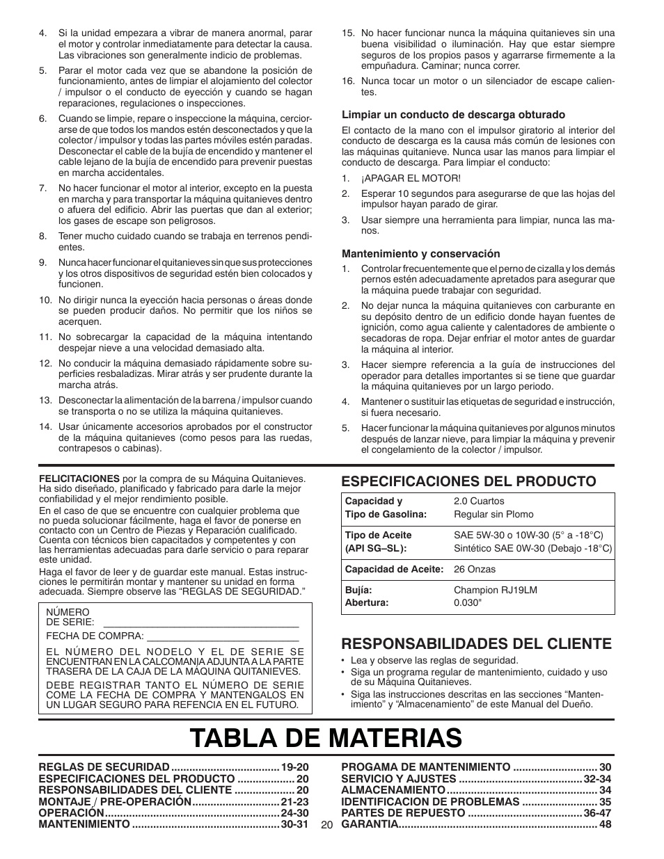 Tabla de materias, Responsabilidades del cliente, Especificaciones del producto | Poulan 96194000500 User Manual | Page 20 / 48