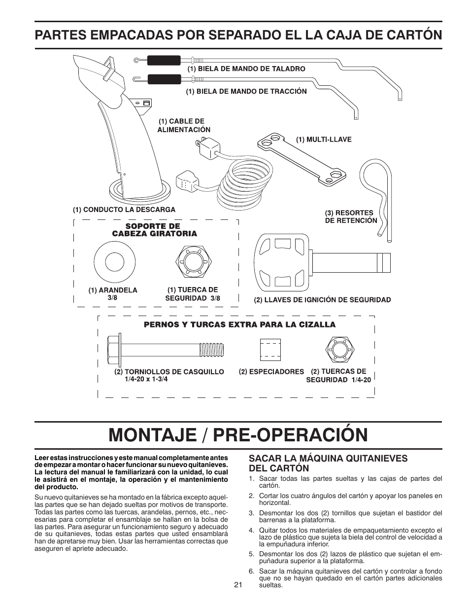 Montaje / pre-operación, Partes empacadas por separado el la caja de cartón | Poulan 96194000500 User Manual | Page 21 / 48